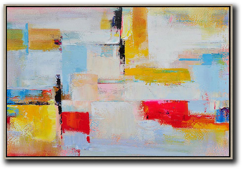Extra Large Canvas Art,Handmade Acrylic Painting,Horizontal Palette Knife Contemporary Art,Big Canvas Painting Yellow,White,Red